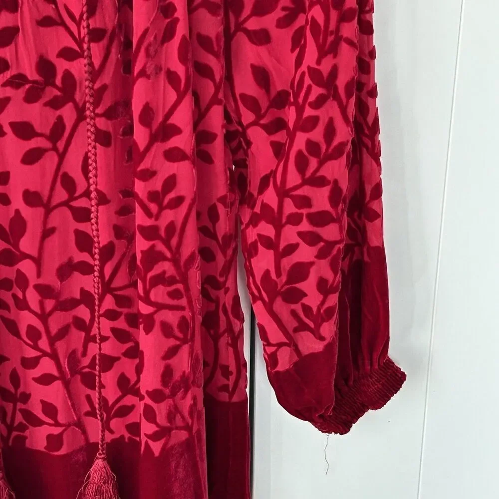 Sundance Velvet Burnout Top Size XS Red Floral Print Tassel Tie Peasant Holidays - Picture 5 of 6